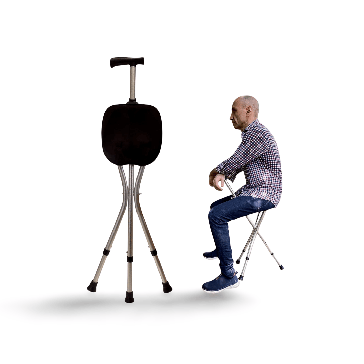Deluxe walking stick with a fold-down seat, shown with a man seated on it