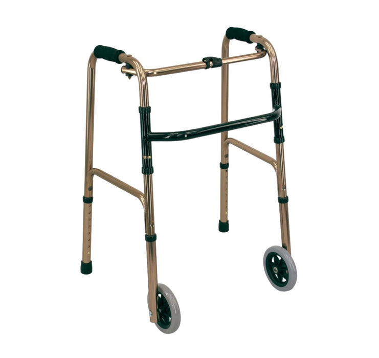 Deluxe folding walking frame with front wheels and rear stops