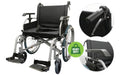 Goldfern Heavy Duty Self-Propelled Wheelchair with close-ups of the attendant brake lever and height adjustable armrest