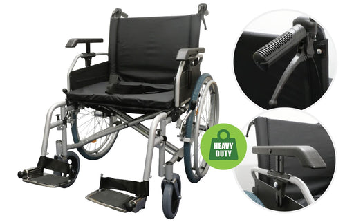 Goldfern Heavy Duty Self-Propelled Wheelchair with close-ups of the attendant brake lever and height adjustable armrest
