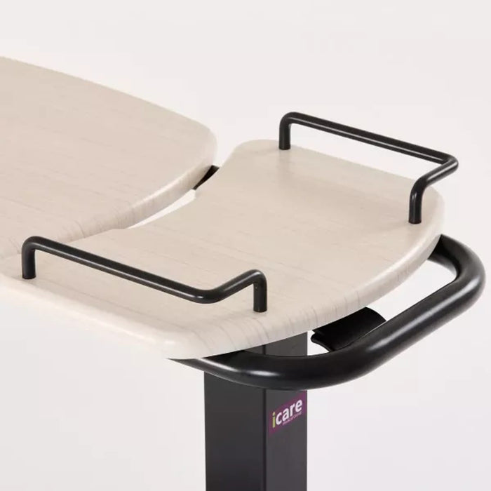 White Ash split tabletop close up - tilting section and flat side shelf