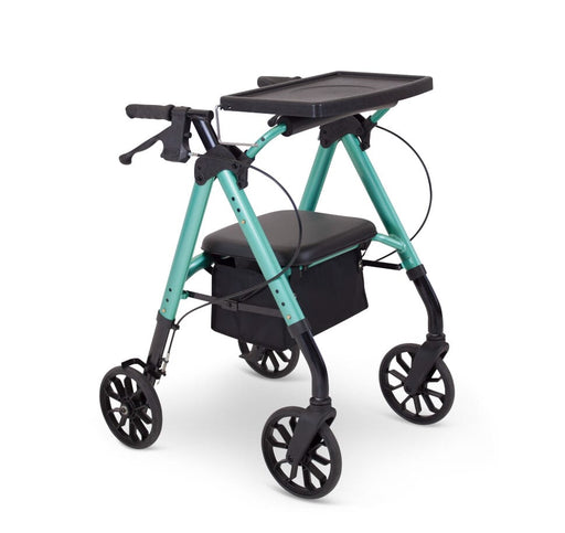 Mobilis Narrow Super Stroller-8 walking frame in green with folding tray, padded seat and 8 inch wheels