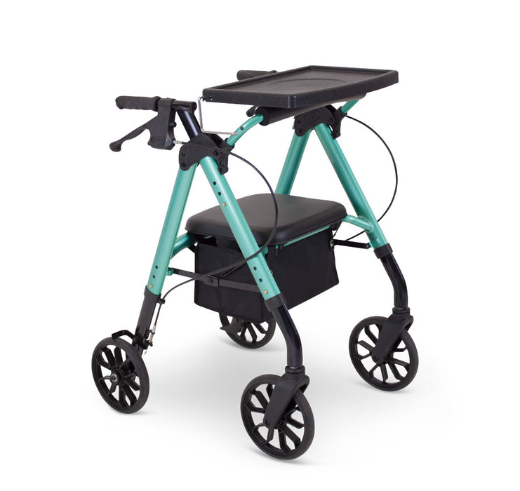 Mobilis Narrow Super Stroller-8 walking frame in green with folding tray, padded seat and 8 inch wheels