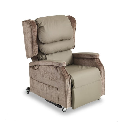 Cubro Configura Comfort rise and recline chair in fabric upholstery, shown upright with lateral backrest pillows