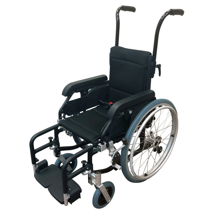Goldfern paediatric self-propelled wheelchair, 14 inch seat, three-quarter view