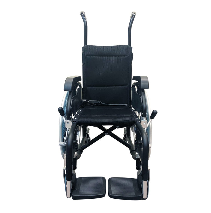 Goldfern paediatric self-propelled wheelchair front view showing swing-away footrests