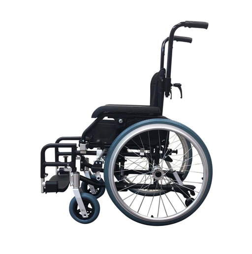 Goldfern paediatric self-propelled wheelchair side view showing 20 inch rear wheel