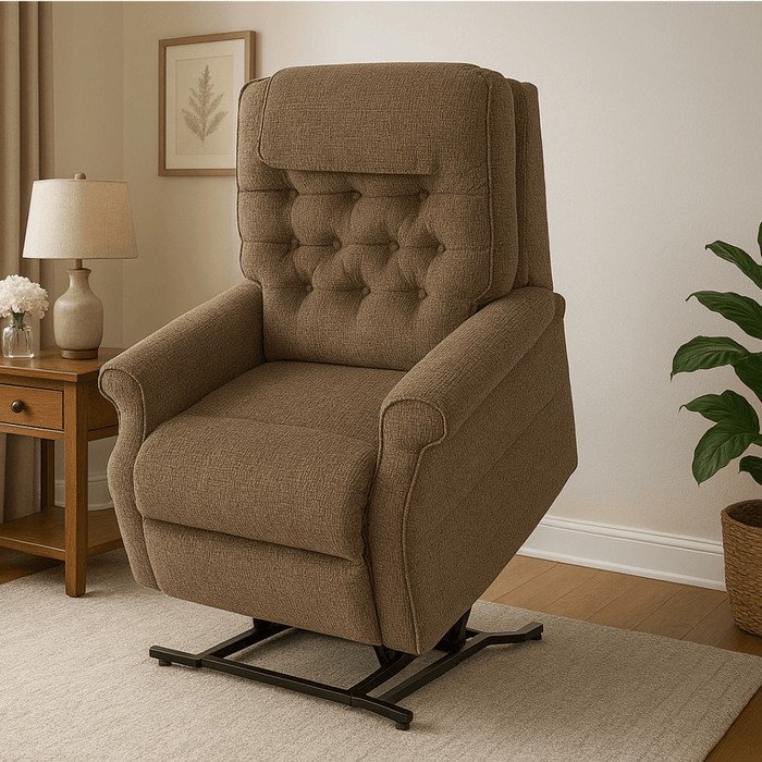 Pride LC-358XL bariatric lift chair shown reclined, with head and arm covers