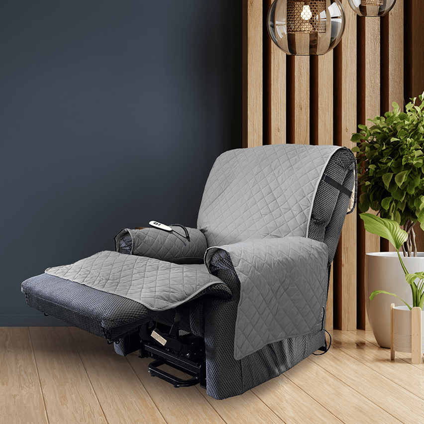 Lift chair fitted with a quilted protective cover
