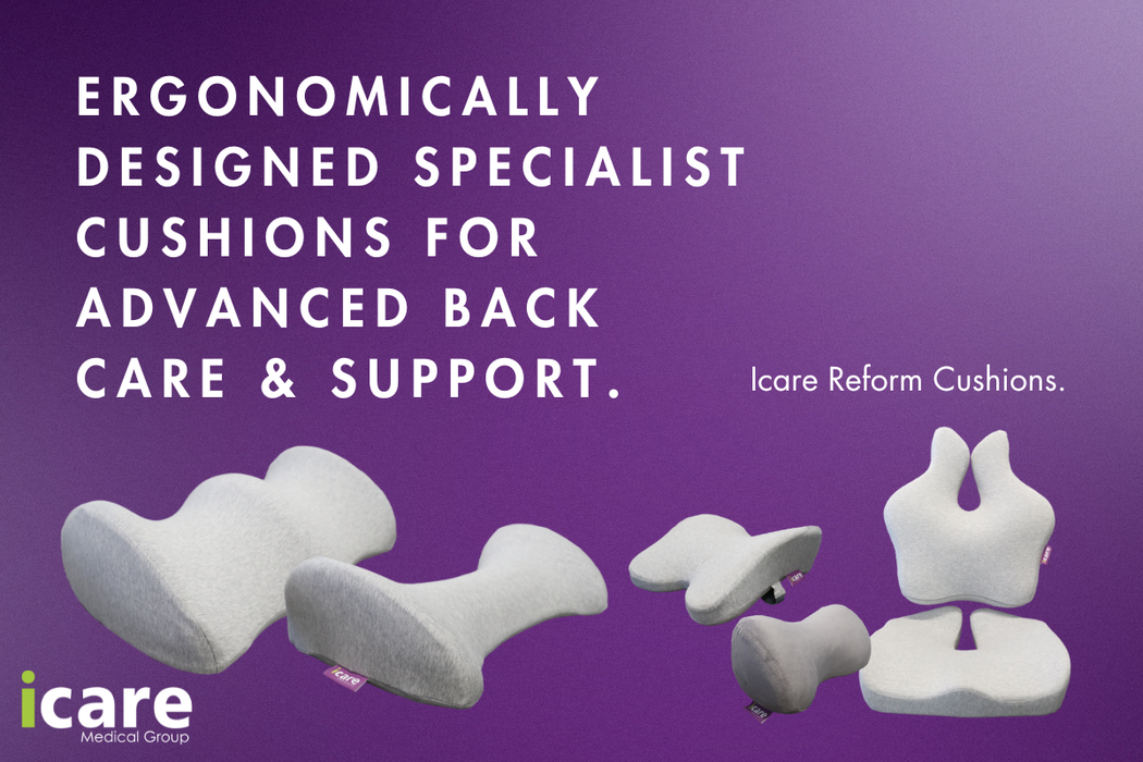 Ergonomically designed specialist cushions for advanced back care and support on a purple background with 'icare' branding. Icare reform cushion range