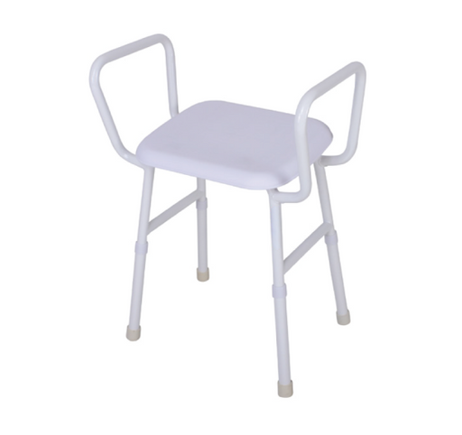 White stool with a cushioned seat on a white background