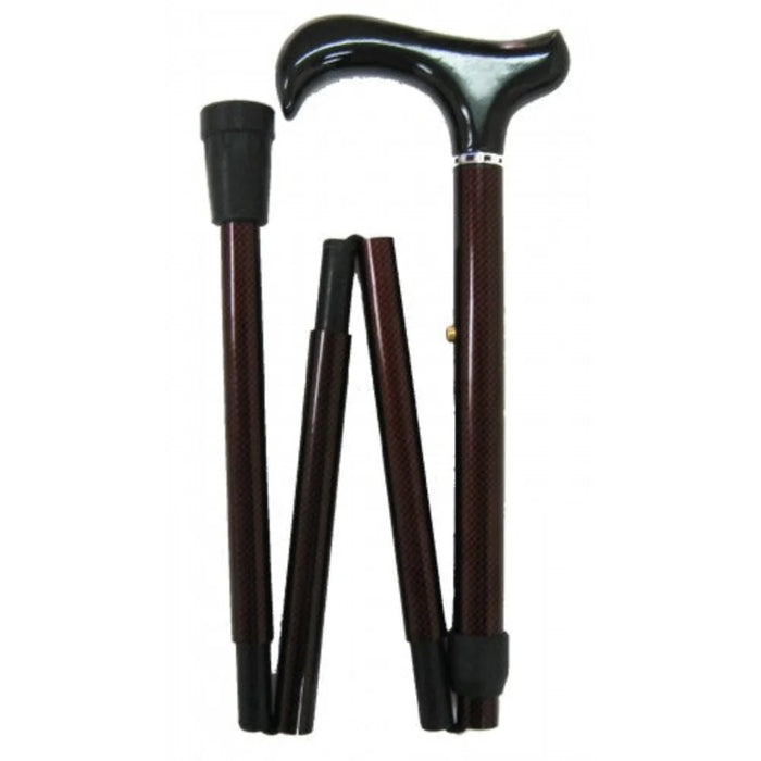 Collapsible walking cane with wooden handle on a white background