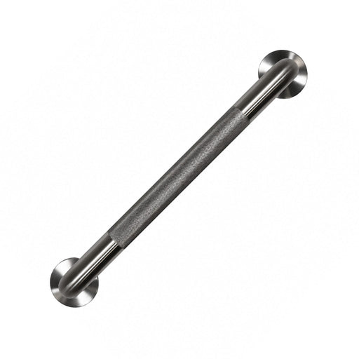 Goldfern stainless steel straight grab rail with knurled centre grip and round satin mounting flanges