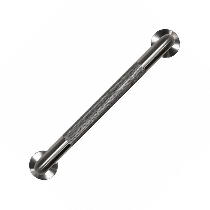 Goldfern stainless steel straight grab rail with knurled centre grip and round satin mounting flanges