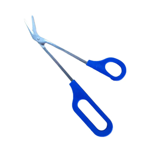 Long handled toenail scissors, 200mm, with angled stainless steel blades and blue plastic loop handles